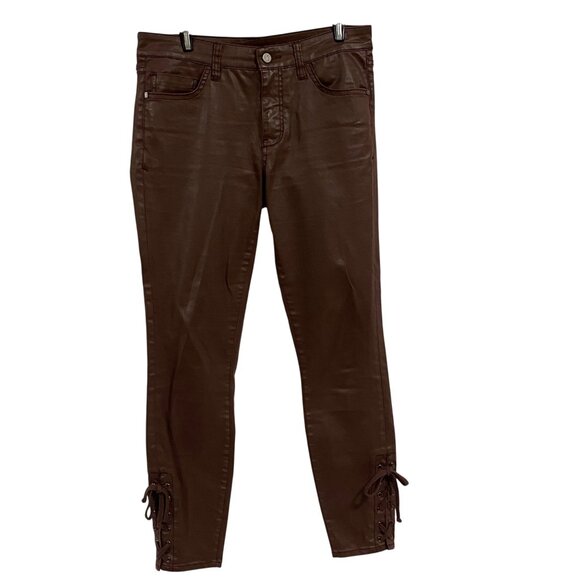 Anthro Pilcro‎ Script Coated Jeans with Side Lace Up Ties Size 28 in Clay - Picture 1 of 12